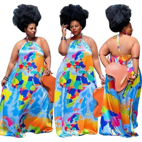 Plus Size Clothing for Women Summer Maxi Dresses Wholesale Ladies Print Sexy Backless Dress Halter Beach Dress Dropshipping