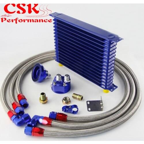 15 Row 262mm AN10 Universal Engine Transmission Oil Cooler Trust Type + Filter Adapter Kit Silver/Blue