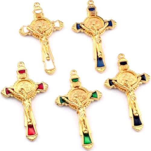 Enamel Saint Benedict medal cross crucifix Alloy charm Pendants 5Pcs/lot Fashion Jewelry DIY Fit Pendants Necklace 28.5x 51mm A