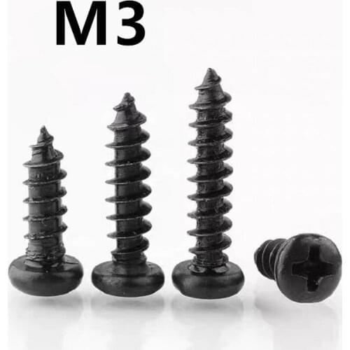 500pcs/lot GB845 M3x4/5/6/8/10/12/16mm PA Carbon steel black cross round head self-tapping screw