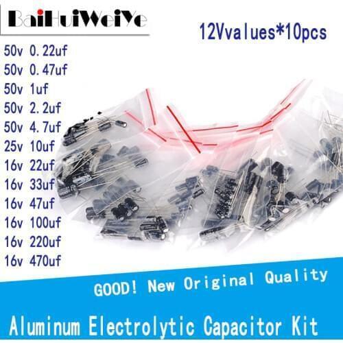120PCS/LOTE 0.22UF-470UF 50V Aluminum Electrolytic Capacitor Assortment Kit 0.22uf 0.47uf 25v 10uf 1uf 2.2uf 4.7uf 16v 22