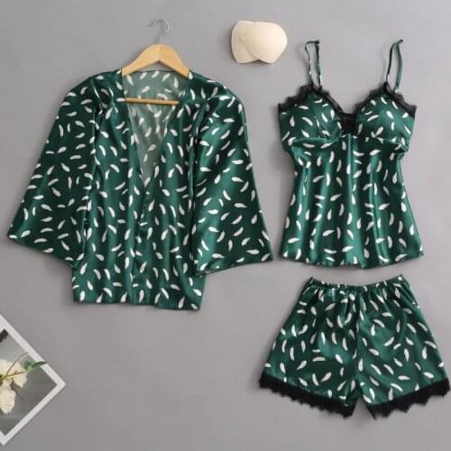 Satin Pajamas Women Adult Sexy Print Lace Green Ladies Lingerie Sleep Home Wear Pijama with Chest Pads Clothing Set Night gowns