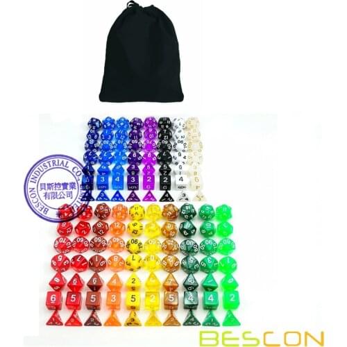 Bescon Multi-Colored RPG Dice Pack of 126 Polyhedral Dice 18 Complete Sets of 7 Dice 18 Different Colors - Black Velvet Bag
