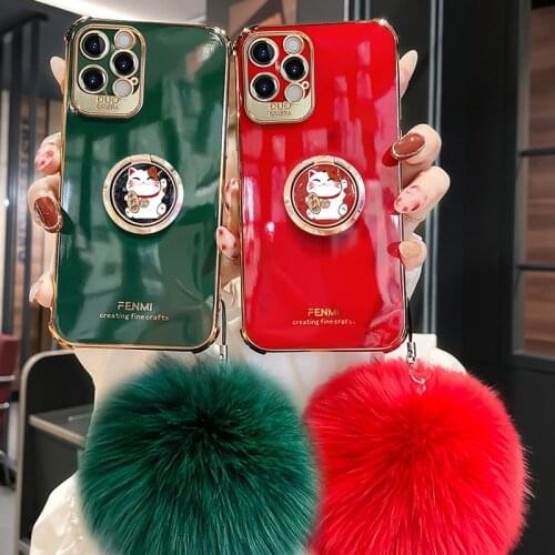 Lucky Cat Ring Stand Phone Case for IPhone 12 Mini 12 Pro Max 11 Pro X XR XS Max withFur Ball Pendant Airbag Anti-Drop Cover
