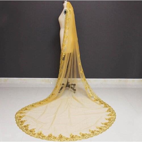 Real Photos Glitter Sequins Gold Lace Long Wedding Veil 1 Tier 3 M Cathedral Bridal Veil with Comb Wedding Accessories