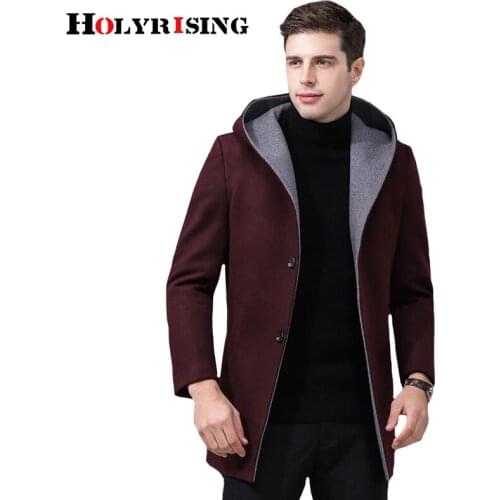 Holyrising Men Wool Coats Turn Collar Hooded Mens Overcoat Slim Chaqueta Larga Warm Peacoat Casacos Zipper Menswear 19011-5