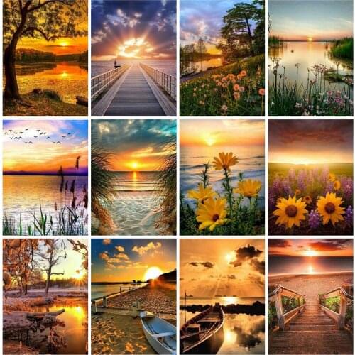 Huacan 5D DIY Diamond Painting Sunset Full Square Diamond Art Kits Embroidery Mosaic Landscape Decorations Gift