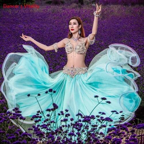 Belly Dance Suit Pearl Full Diamond Bra Chiffon Big Swing Skirt Performance Set High-End Custom Adult Child Competition Clothing