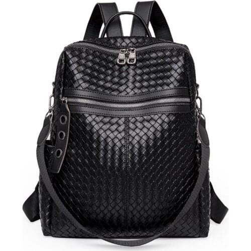 Fashion Backpack Women 2021 New Large Capacity Woven Pattern PU Leather Bagpack Big High Quality Ladies Leisure Travel Bag Pack