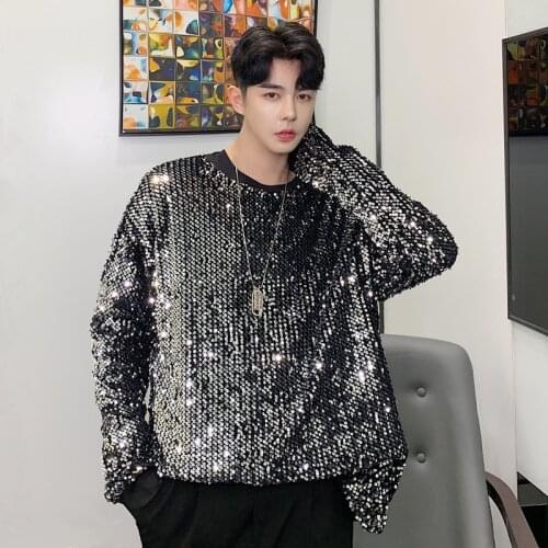 Tide Men Black Sequins Hoodies Male Long Sleeve Pullover Hip Hop Nightclub Sequined Tops DJ Singer Performance Loose T-shirt