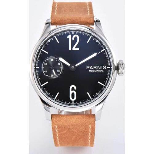 New PARNIS 44mm Hand-winding Mens Wristwatch black dial ST3600 movement seconds dial leather strap polished case pin clasp