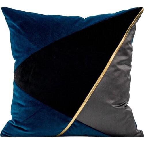 DUNXDECO Cushion Cover Decorative Pillow Case American Blue Black PU Patchwork Artistic Geometric Sofa Chair Bedding Coussin