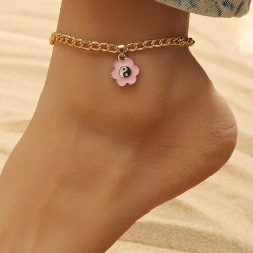 New Arrival Trendy Ins Metal Geometric Anklets Womens Lovely Yin and Yang Gossip Flowers Pendant Anklets Jewelry for Girls