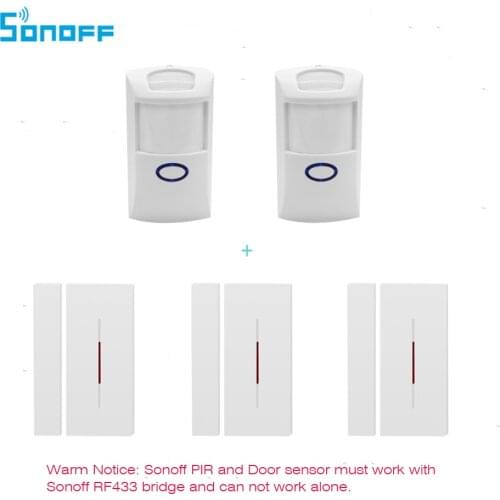 Original Sonoff 2pcs PIR+3pcs Door Sensor, RF433 Remote Control,Smart Home Security Alarm Device, work with Sonoff RF433 Bridge