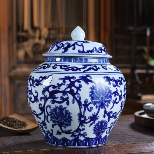 Simple General Tank Ceramic Storage Tank Blue and White Porcelain with Lid Ceramic Tea Pot Large Sealed Storage Tea Storage Jar