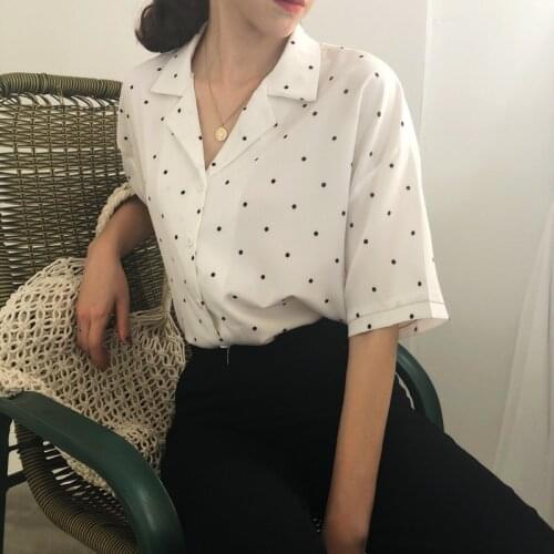 Shirts Women Short Sleeve Single Chiffon Breasted Polka Dot Notched Womens Loose Shirt Trendy Shirt Korean Style Simple Blouses