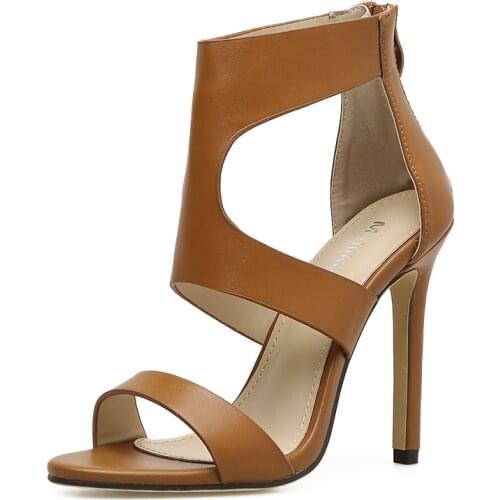 Sandals Women 2021 Luxury Brand New Summer Fashion Sandals Sheep Pattern Hollowed Rome Sexy Zipper High Heel Female Shoes Brown