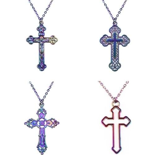 Vintage Colorful Cross Pendant Punk Necklace for Men Women Hip Hop Gothic Retro Metal Neck Pendants Collar Fashion Jewelry Gift