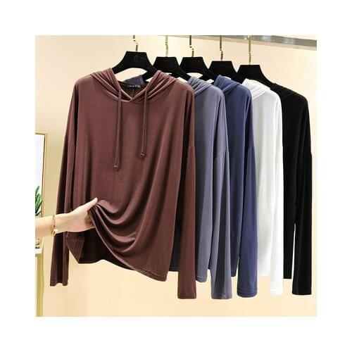 Womens Spring Summer Tshirt Modal Long-sleeved Pullover Loose Outer Wear Bottoming Shirt Solid Color Sunscreen Female Thin Top