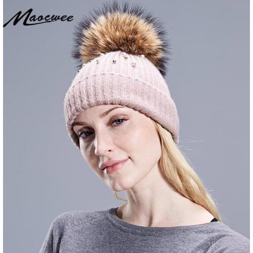 Women Hat PomPon Knitted Beanies Cap Sparkling Pearl Autumn Winter Warm Pure Colour Beanie Hats Striped hats Fashion Raccoon