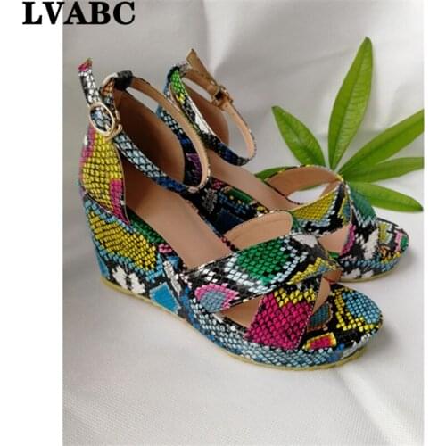 LVABC 2020 Snakeskin Women Wedges Shoes 2019 Summer Wedge Sandalias Sandals Femino High Heels Peep Toe Gladiator Platform shoes