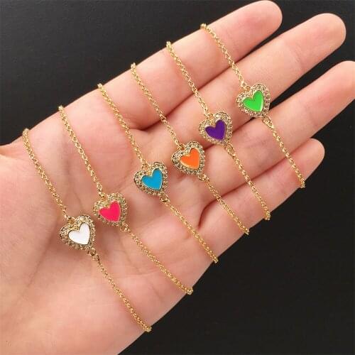 Rainbow Color Micro Zircon Love Heart Enamel Bracelet Adjustable 14k Gold Plated Red Heart Dripping Oil Bracelet For Women Party