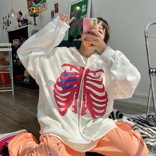 Harajuku Skeleton Skull Graphic Print kpop Hip Hop Women Zip Hooded Sweatshirts Streetwear Chic Gothic Heart Graphic Jacket Tops