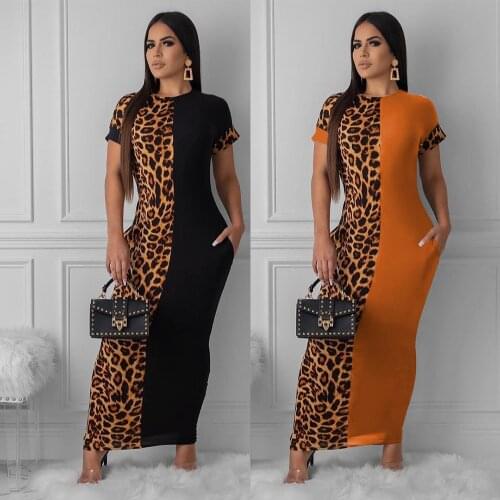 Sexy Leopard Maxi Long Dress with Pockets Short Sleeve O Neck Patchwork Dresses Summer Boho Vacation Sundresses 2021 Clothes