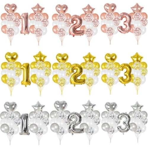 21Pcs/Set 32'' Number and 18'' Star Heart Foil Balloon Mix 12'' Confetti Latex Ballons for Kids Birthday Party Decoration Globos