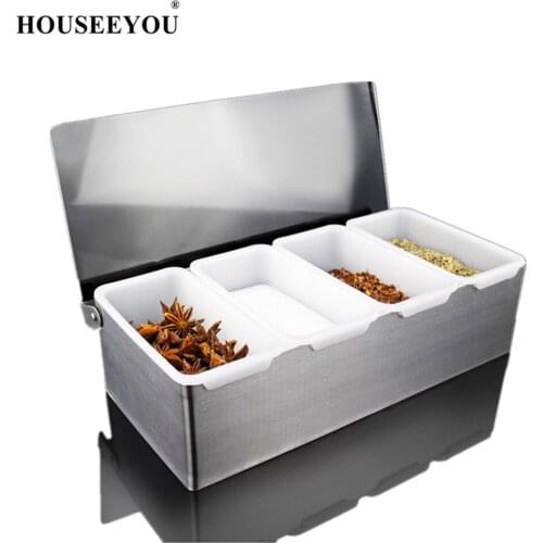 4in1 Salt Pepper Condiment Seasoning Box Herb Spice Jar Containers Sugar Can Stainless Steel Kitchen Storage