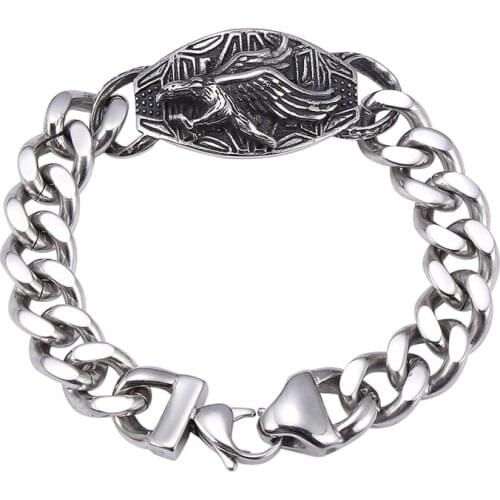 13mm Stainless Steel Curb Cuban Link Chain Eagle Bracelets for Men Punk Jewelry Male Charm Metal Bangles Wristband Gift GS0007