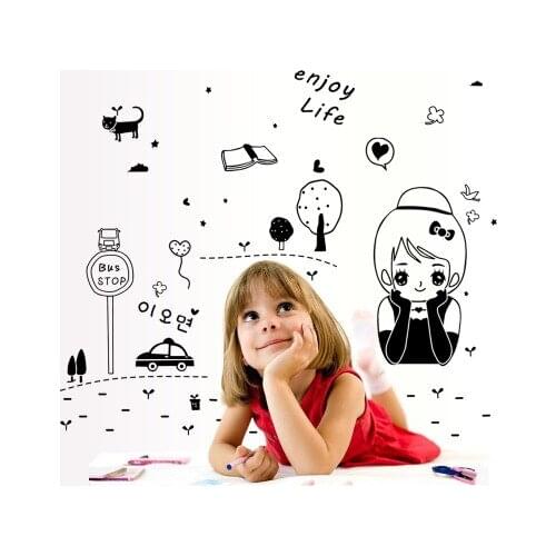 DIY Cartoon Lovely Cute Girl Vinyl Wall Sticker Enjoy Life Quotes Home Decal Kids Baby Rooms Decoration Wall Art Murals