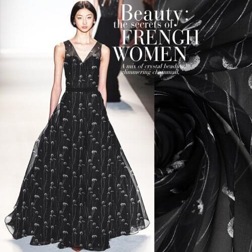 Designer natural mulberry silk chiffon fabric white flowers print shirt cloth decoration scarf wide tissu hollandais silk fabric