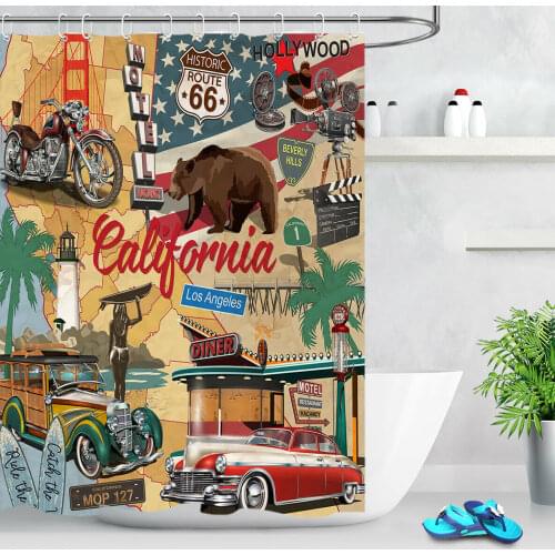 Vintage California Travel Poster Fabric Shower Curtain Set