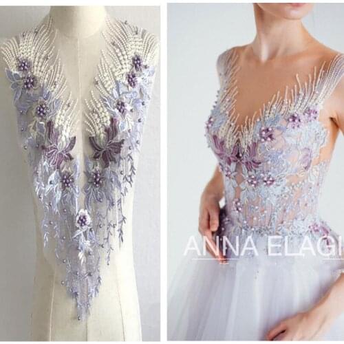 Pink Blue Sequin Pearl Appliques Sew On Patches Lace Fabric Neckline Collar Mesh Embroidery For Wedding Gown DIY Decoration P043