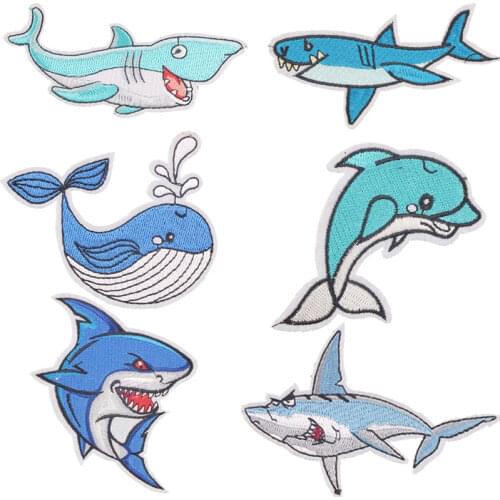 Summer Shark Dolphin Patch Iron on Shark Patches for Clothing DIY T-shirt Applique Heat Transfer Stickers Stripes on Clothes