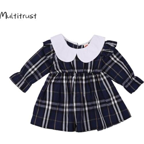 Girl Dress 2020 Girl Fashion Long-sleeve Dress Fresh Plaid Doll Collar Children Princess Dress Navy Blue 0-3Y