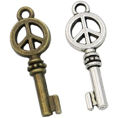 KJjewel Antique Silver Plated Peace Sign Key Charm Pendant fit Bracelet Necklace Jewelry DIY Making Accessories 26x9mm