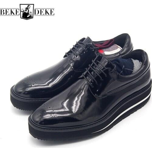 Business Casual Lace Up Derby Shoes Men 2020 New Carved Brogue Cow Leather Shoes British Height Increasing Platform Footwear