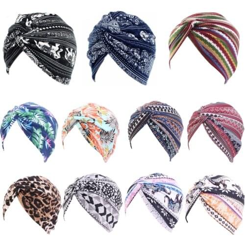 Women Boho Pleated Turban Hat Ethnic Elephant Striped Head Wrap Cross Twist Knot Stretchy Muslim Hijab Beanie Chemo Cap