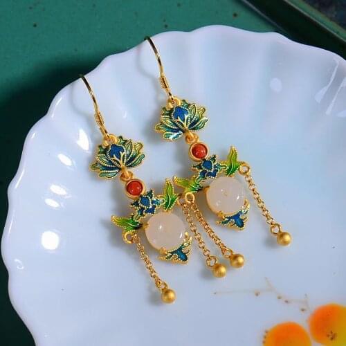 Sterling Silver S925 Gilding Natural Hetian Jade Peace Buckle Burnt Blue Lotus Antique Eardrops Tassel Retro Earrings for Women