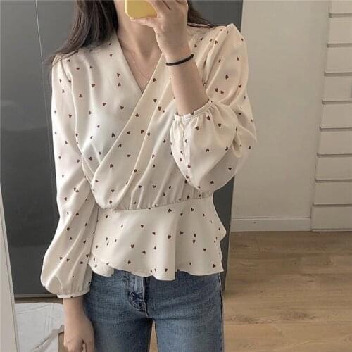 Heart Printed Slim Waist Women Blouses Shirts Chic V-neck Ruffles Female Shirts Tops Casual Full Sleeve Women Blusas Tops 2020