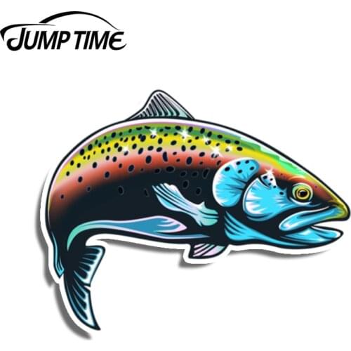 Jump Time 13cm x10.3cm Rainbow Trout Fish Funny Decal Vinyl Fishing Stickers Car Styling Waterproof Laptop Motor Car Accessories