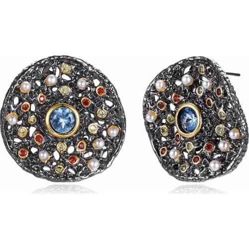 Top Quality Black Gold Color Round Stud Earrings Setting with Cubic Zirconia Nice Party Earrings Allergy Free Dropshipping