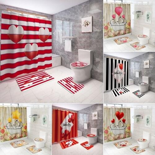Romantic Love Bathtub Printing Shower Curtain Set Valentines Day Toilet Cover Mat Non Slip Rug Stripe Bathroom Curtains