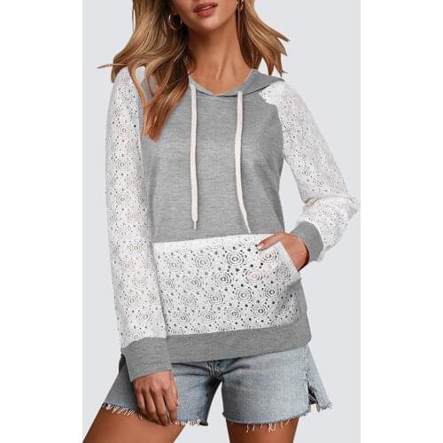 Women Casual Blouse Lace Patchwork Drawstring Hooded Sweater with Pockets 1HT044