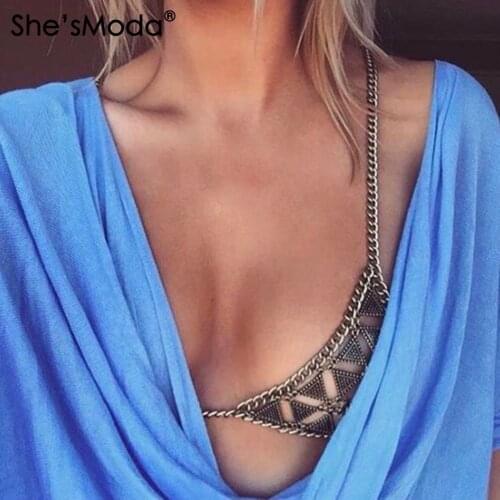 ShesModa Body Bra Chain Crop Top Bra Alloy Metal Halter Bikini Party Club Womens Bralette
