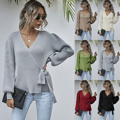 Womens V Neck Knitted Sweater Ladies Casual Long Sleeve Knitwear Tops