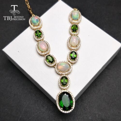 TBJ, Graceful luxury natural gemstone necklace with natural opal and diopside in 925 sterling silver yellow gold color lady gift