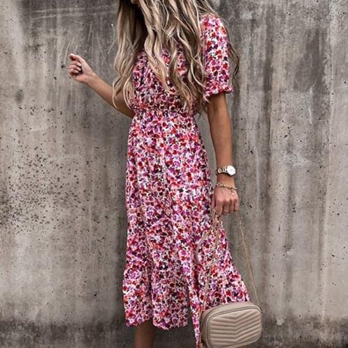 Women Gorgeous Floral Print Dress Summer V Neck Button Split Short Sleeve Long Dresses Bohemian A-Line Party Beach Maxi Dress